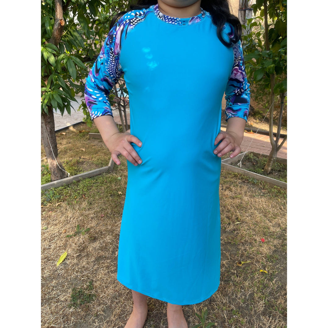 Girls Modest Swim Dress - Turquoise Print (Sizes 7-16) The Little Tichel Lady Girls Modest Swim Dress - Turquoise Print (Sizes 7-16) The Little Tichel Lady