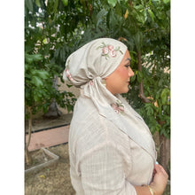 Linen Embroidered Pretied w/ VELVET HEADBAND & Adjustable Circumference - Neutral-Pretieds-The Little Tichel Lady