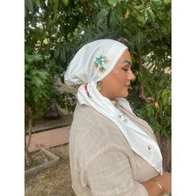 Linen Embroidered Pretied w/ VELVET HEADBAND & Adjustable Circumference - White-Pretieds-The Little Tichel Lady