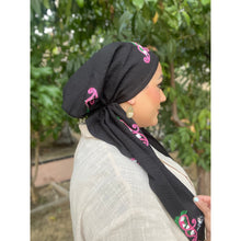 Linen Embroidered Pretied w/ VELVET HEADBAND & Adjustable Circumference - Black/Pink-Pretieds-The Little Tichel Lady