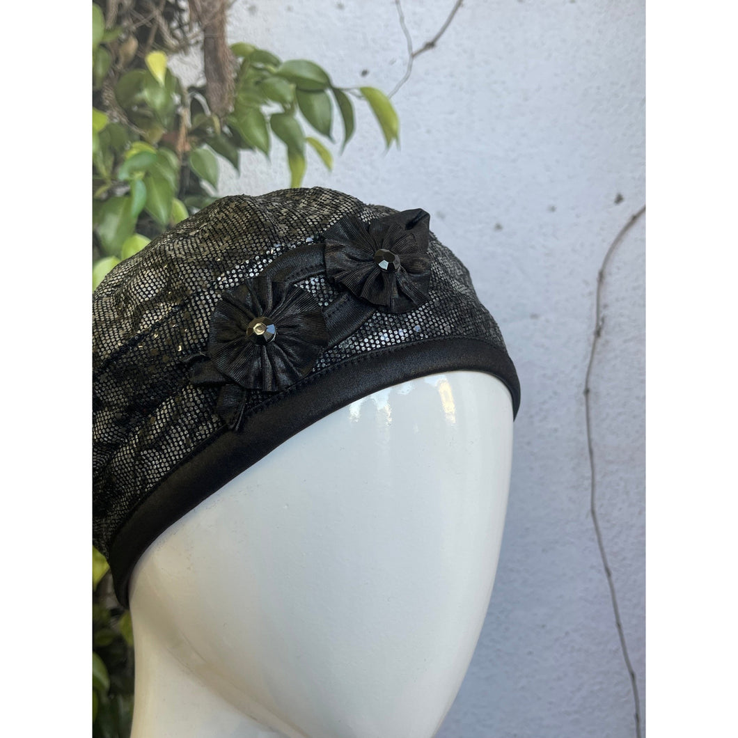 Embellished Hat - Size #1 Black/Silver Print-Hat-The Little Tichel Lady