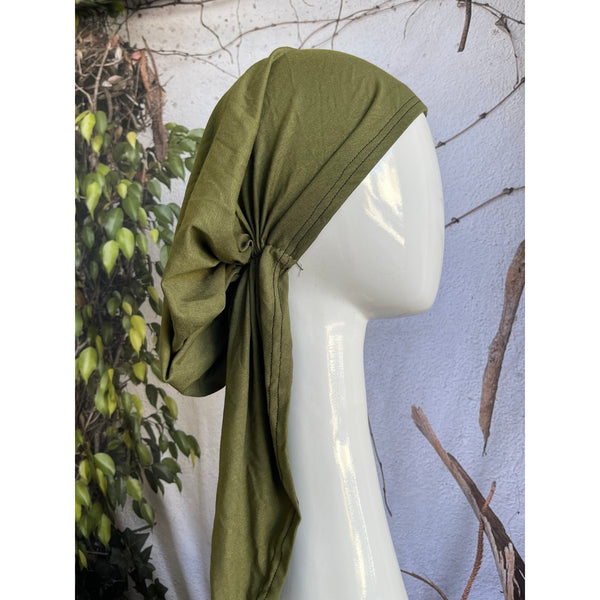 Stretchy Pretied Tichel - Olive-pretieds-The Little Tichel Lady