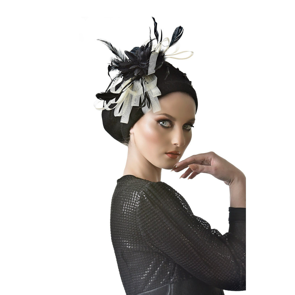 Yeela’s Exquisite Beret - Black/Off-White Fascinator – The Little ...