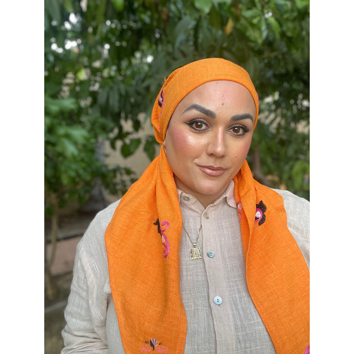 Linen Embroidered Pretied w/ VELVET HEADBAND & Adjustable Circumference - Orange-Pretieds-The Little Tichel Lady