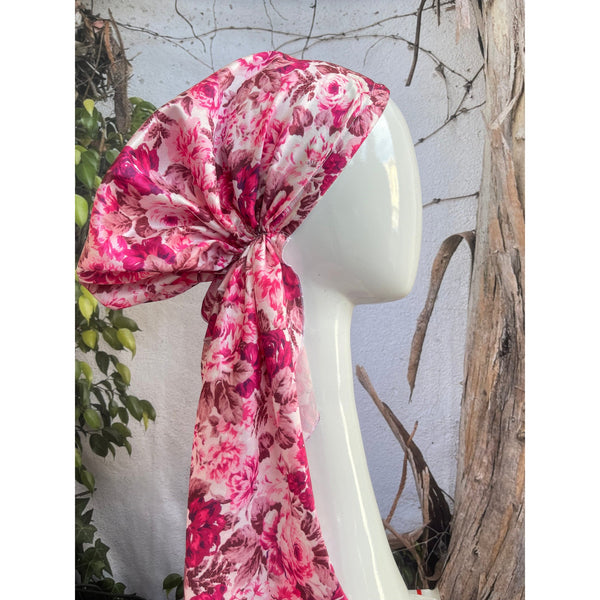 Satin Pretied, Long Tails w/ VELVET HEADBAND - Rose Floral Print-pretieds-The Little Tichel Lady