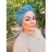 Pom Pom Detailed Headwraps - Turquoise-Long Wrap-The Little Tichel Lady