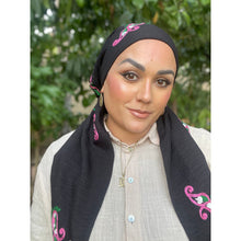 Linen Embroidered Pretied w/ VELVET HEADBAND & Adjustable Circumference - Black/Pink-Pretieds-The Little Tichel Lady