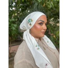 Linen Embroidered Pretied w/ VELVET HEADBAND & Adjustable Circumference - White-Pretieds-The Little Tichel Lady