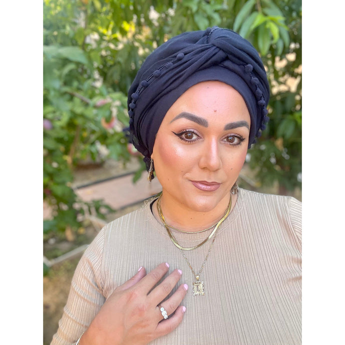 Pom Pom Detailed Headwraps - Navy-Long Wrap-The Little Tichel Lady