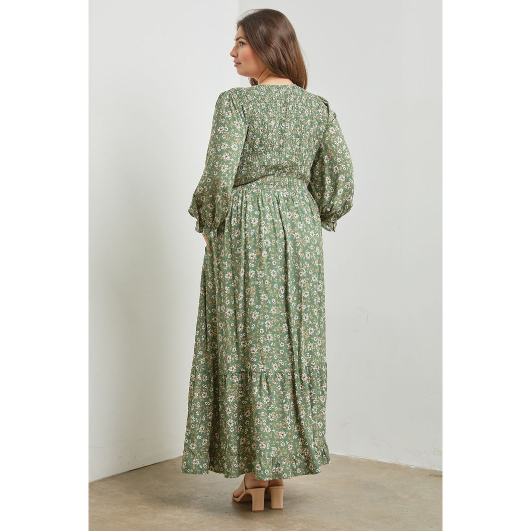 Olive Floral Smocked Maxi Dress - Plus Size 3X Olive Floral Smocked Maxi Dress - Plus Size 3X
