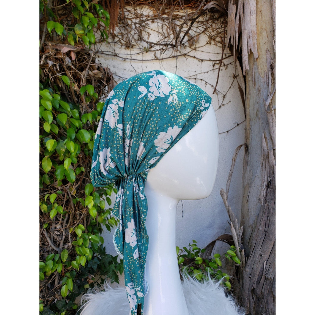 Pre Tied Head Scarf - Teal Floral Print-pretieds-The Little Tichel Lady