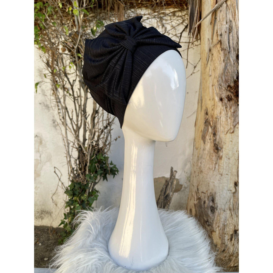 Slip-on Hat w/ Bow Detail - Black/Navy Matte Metallic-Hat-The Little Tichel Lady