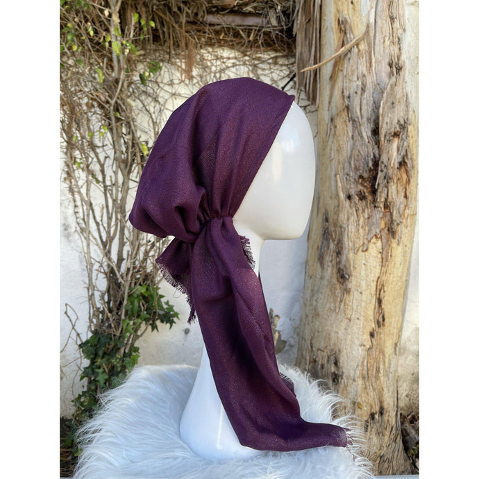 Turkish Cotton Metallic Solid Pretied w/ Long Tails - Eggplant-pretieds-The Little Tichel Lady