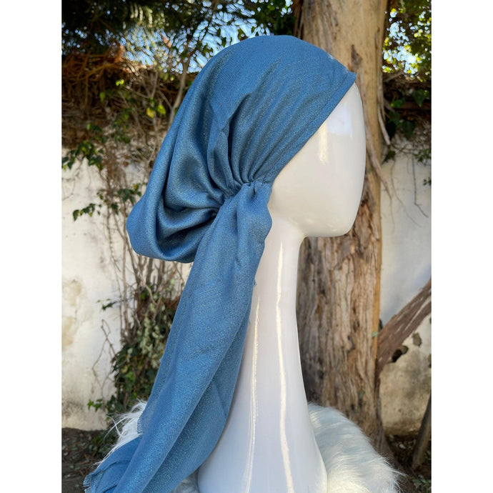 Turkish Cotton Metallic Solid Pretied w/ Long Tails - Ocean Blue-pretieds-The Little Tichel Lady