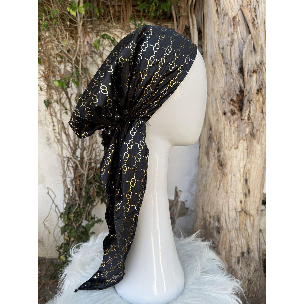 Turkish Satin Pretied w/ Long Tails - Black w/ Gold Circles-pretieds-The Little Tichel Lady