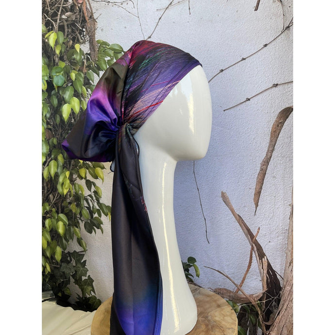 Turkish Satin Pretied, Long Tails w/ VELVET HEADBAND - Purple/Black-pretieds-The Little Tichel Lady