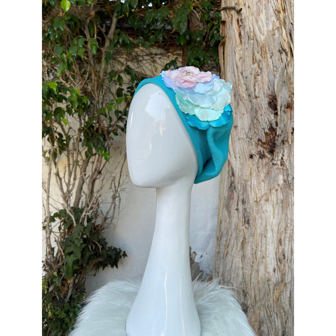 Embellished Cotton Beret - Medium/Large, Turquoise Flower-Beret-The Little Tichel Lady