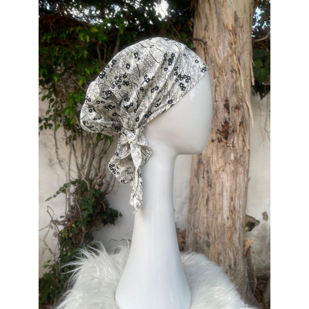 Cotton Print Pretied Headscarf w/ Shorter Tails - Off-White/Black-pretieds-The Little Tichel Lady