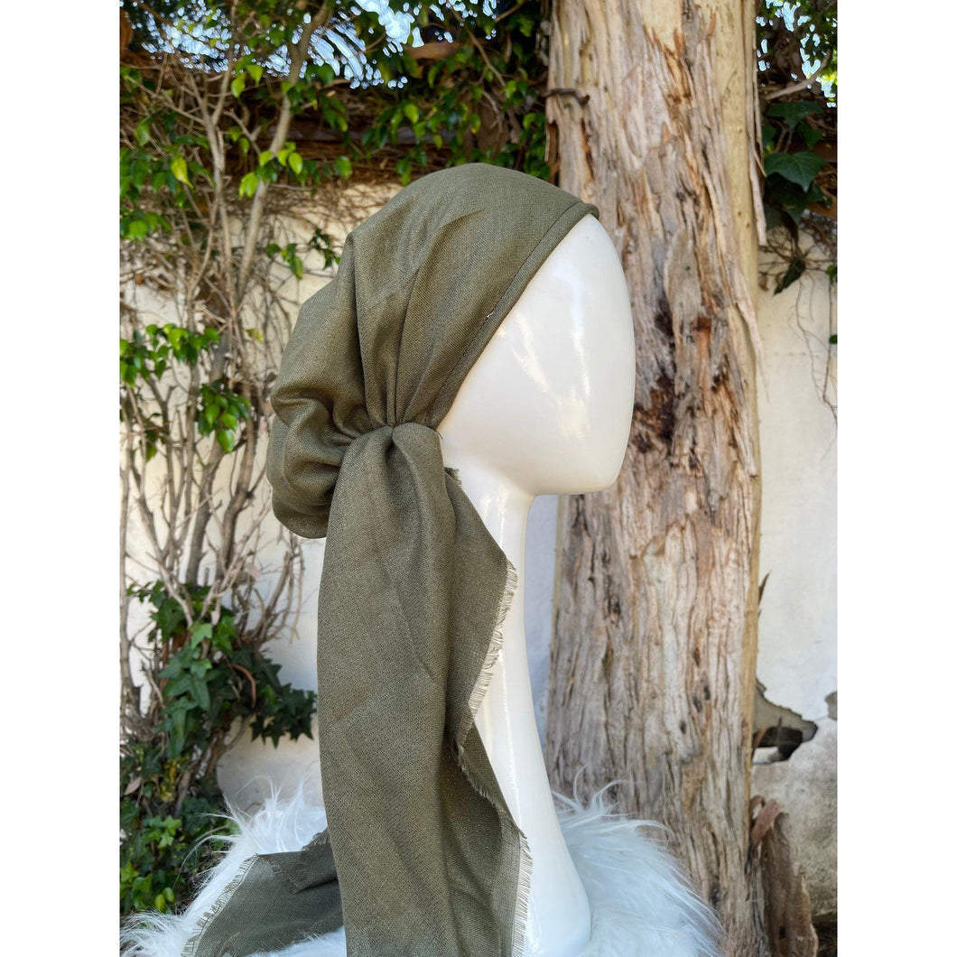 Turkish Cotton Metallic Solid Pretied w/ Long Tails - Olive-pretieds-The Little Tichel Lady