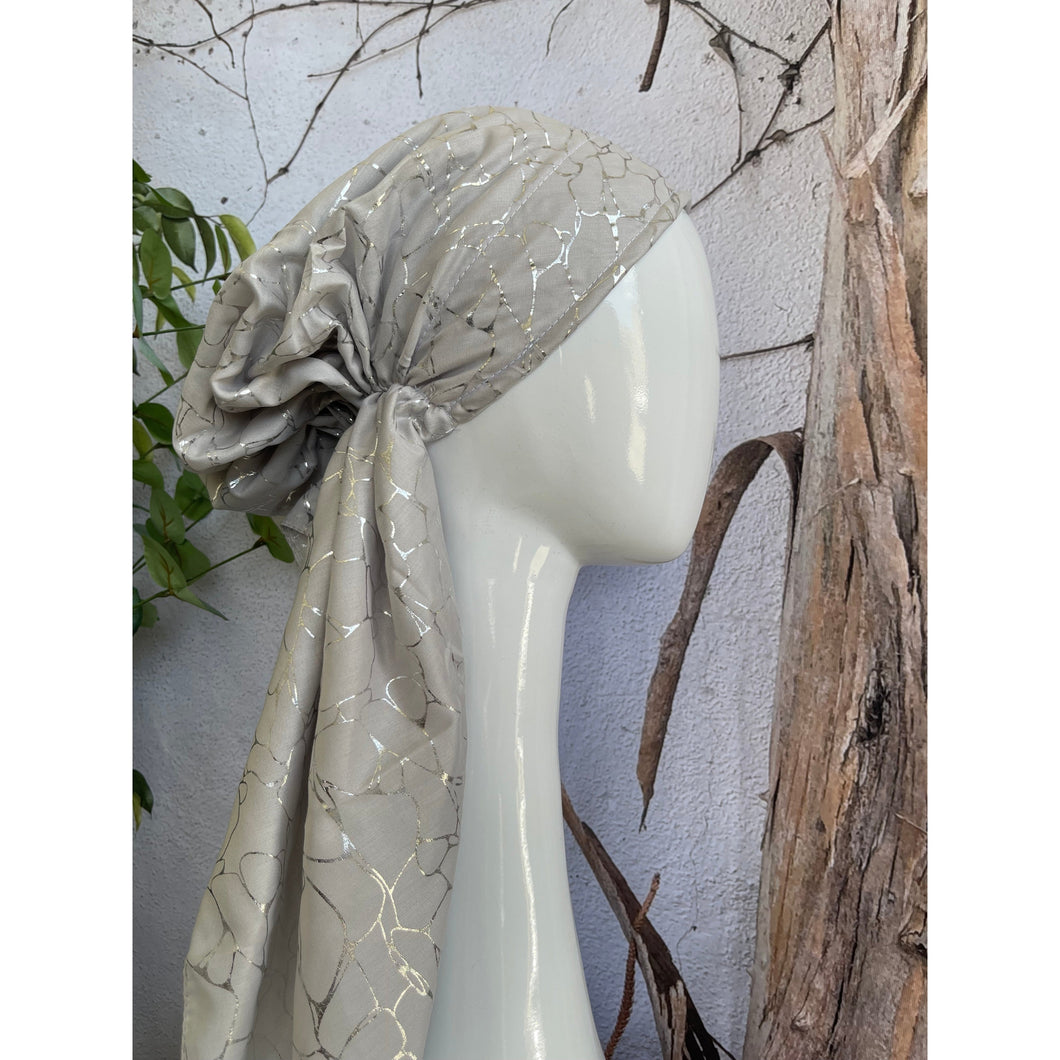 Foiled Pretied, Long Tails w/ VELVET HEADBAND - Gray/Silver Abstract-pretieds-The Little Tichel Lady