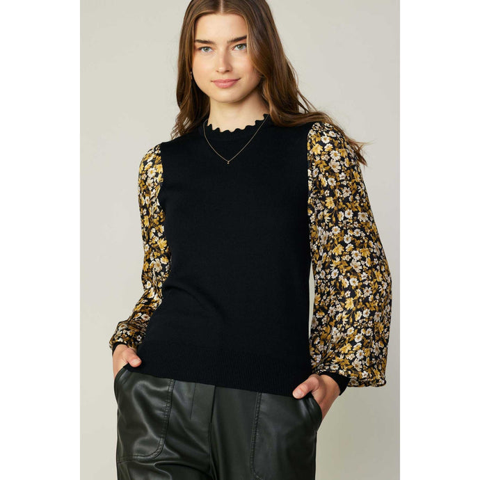 Contrast Sleeve Top - Black-Tops-The Little Tichel Lady