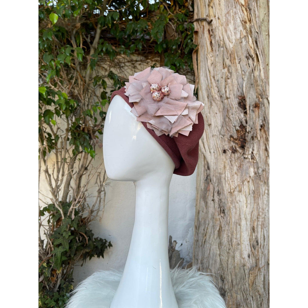 Embellished Cotton Beret - Medium/Large, Rosey/Brown Ruffles-Beret-The Little Tichel Lady