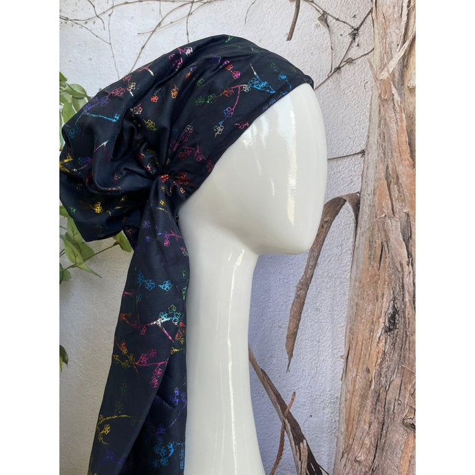 Foiled Pretied, Long Tails w/ VELVET HEADBAND - Navy/Multi Flowers-pretieds-The Little Tichel Lady