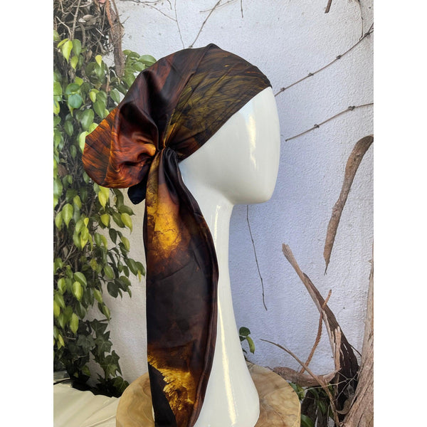 Turkish Satin Pretied, Long Tails w/ VELVET HEADBAND - Black/Golden-pretieds-The Little Tichel Lady