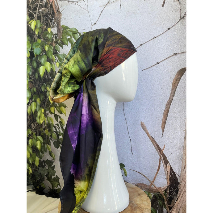 Turkish Satin Pretied, Long Tails w/ VELVET HEADBAND - Green/Purple-pretieds-The Little Tichel Lady