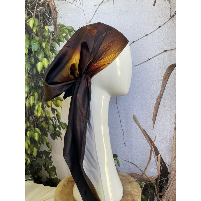 Turkish Satin Pretied, Long Tails w/ VELVET HEADBAND - Black/Gold-pretieds-The Little Tichel Lady