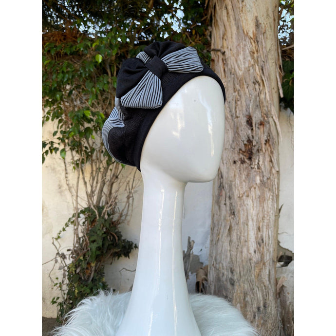 Embellished Hat - Size #2 Black/Steel Blue Bow-Hat-The Little Tichel Lady