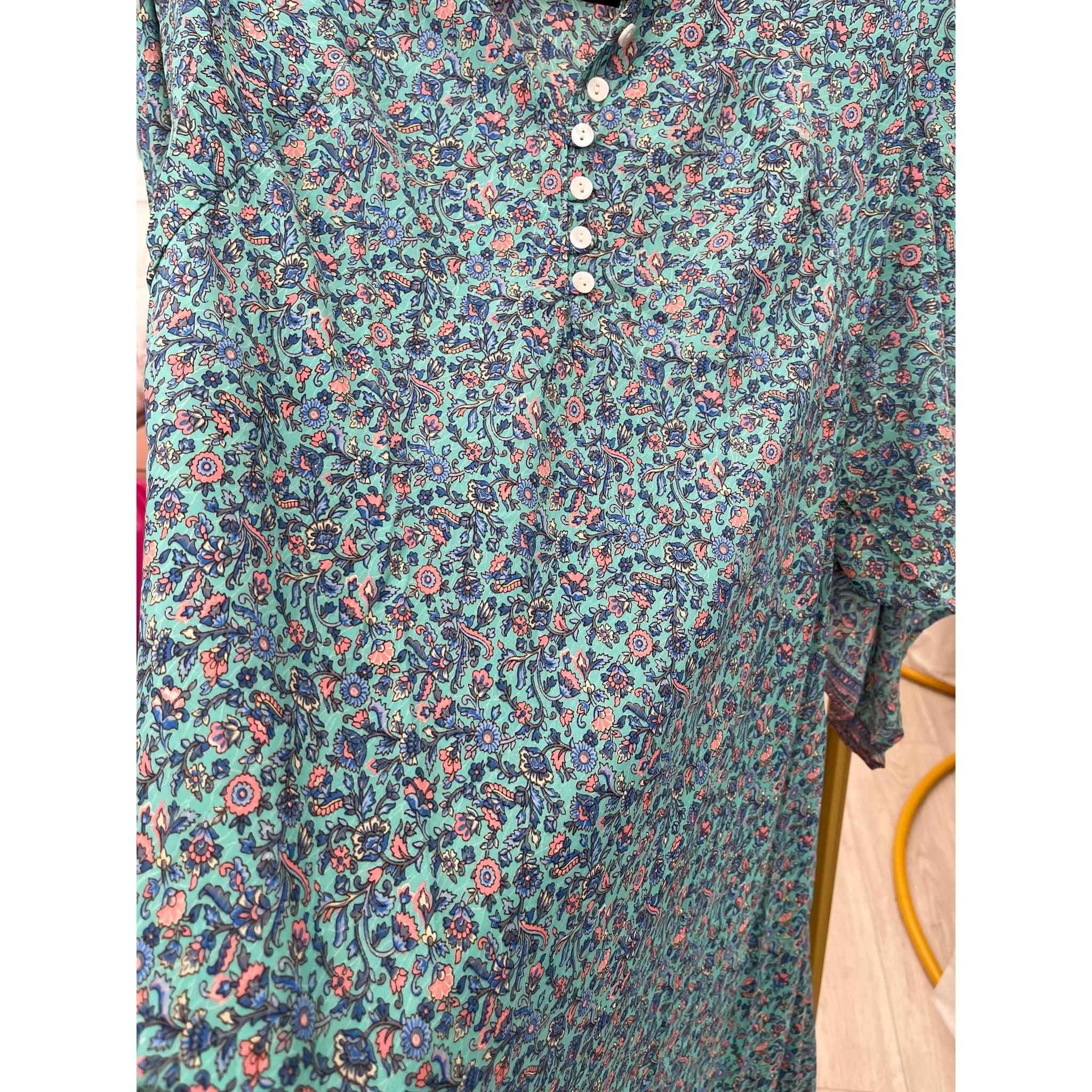 Gold Button Leaf Border Print Tunic Dress