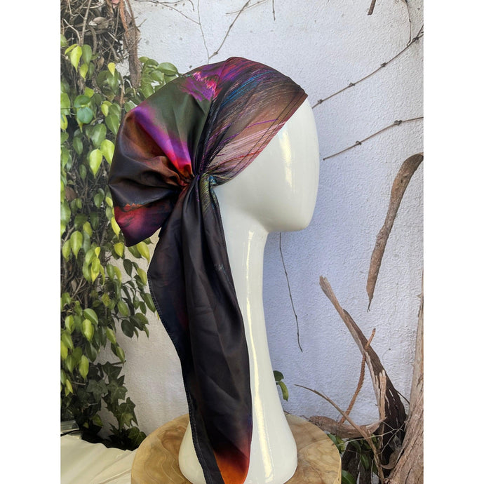 Turkish Satin Pretied, Long Tails w/ VELVET HEADBAND - Black/Multi-pretieds-The Little Tichel Lady