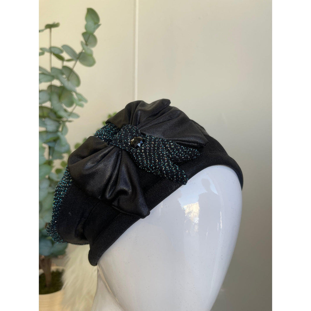 Embellished Hat - Size #1 Black/Diesel Glitter Bow-Hat-The Little Tichel Lady