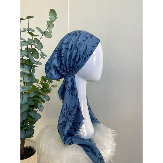 Turkish Cotton Textured Pretied Tichel - Denim Blue Floral-pretieds-The Little Tichel Lady