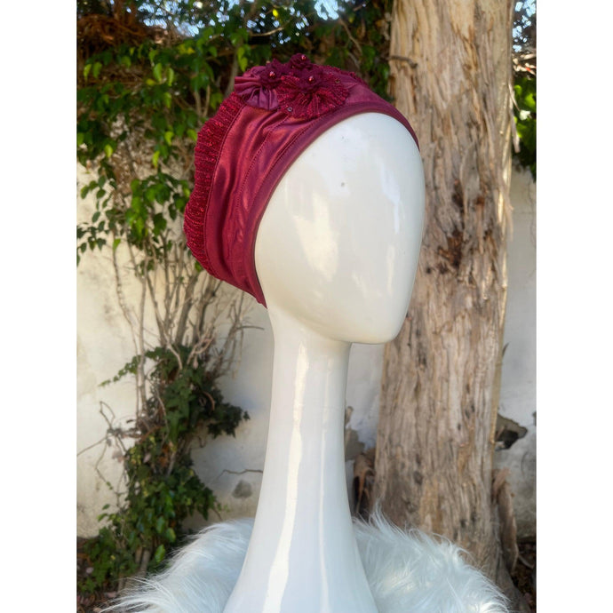 Embellished Hat - Size #1 Textured Burgundy-Hat-The Little Tichel Lady