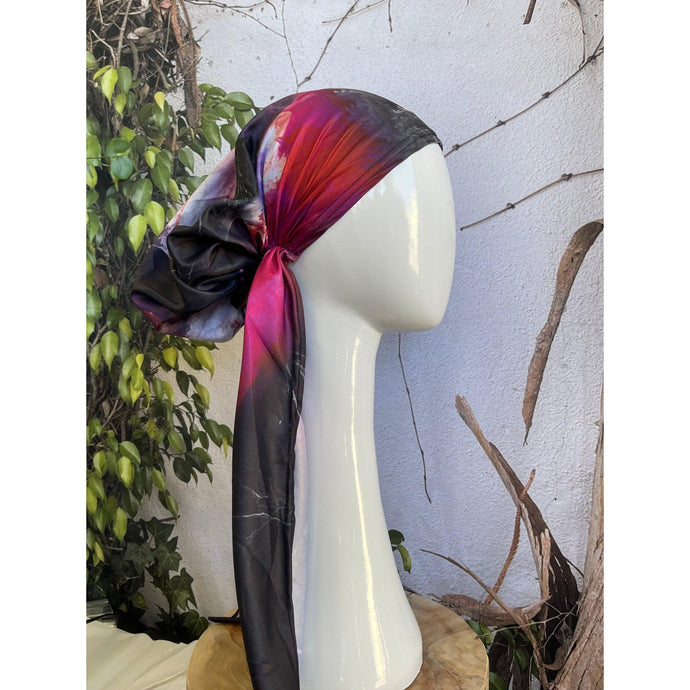 Turkish Satin Pretied, Long Tails w/ VELVET HEADBAND - Gray/Fuchsia-pretieds-The Little Tichel Lady