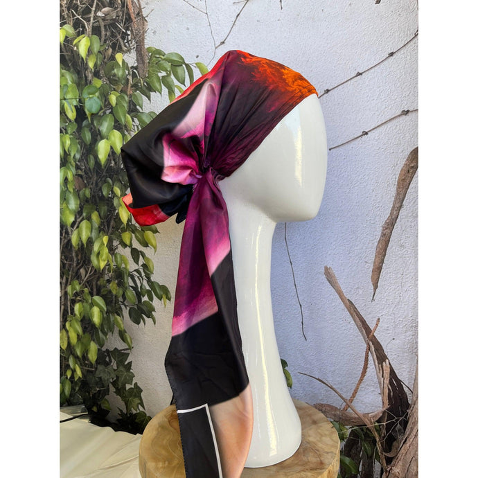 Turkish Satin Pretied, Long Tails w/ VELVET HEADBAND - Black/Pink-pretieds-The Little Tichel Lady