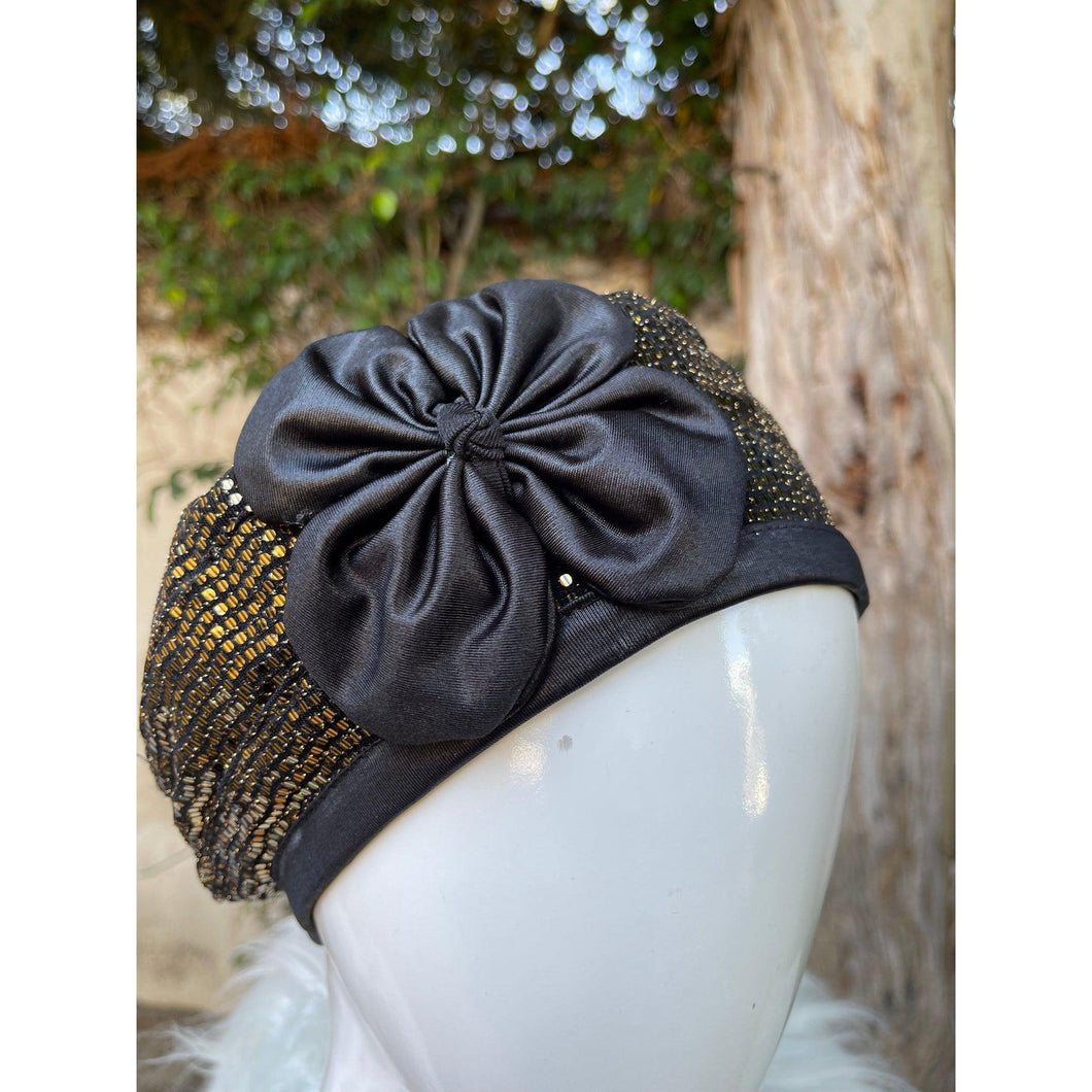 Embellished Hat - Size #1 Gold/Black Sequins Flower-Hat-The Little Tichel Lady