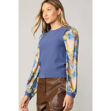 Contrast Sleeve Top - Blue-Tops-The Little Tichel Lady