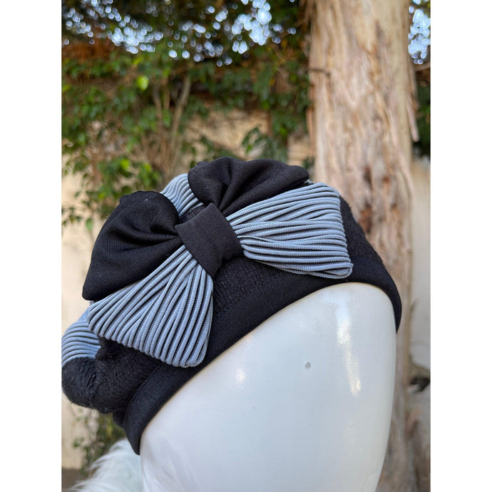 Embellished Hat - Size #2 Black/Steel Blue Bow-Hat-The Little Tichel Lady