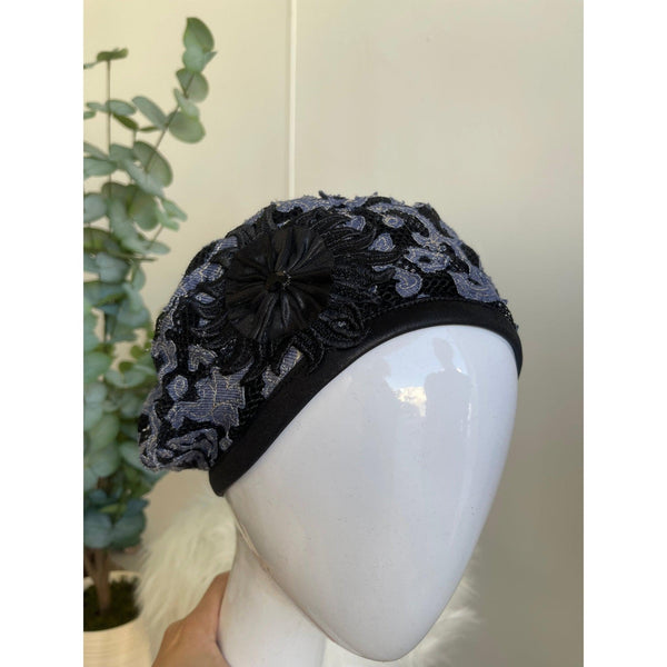 Embellished Hat - Size #1 Black/Blue Lace-Hat-The Little Tichel Lady