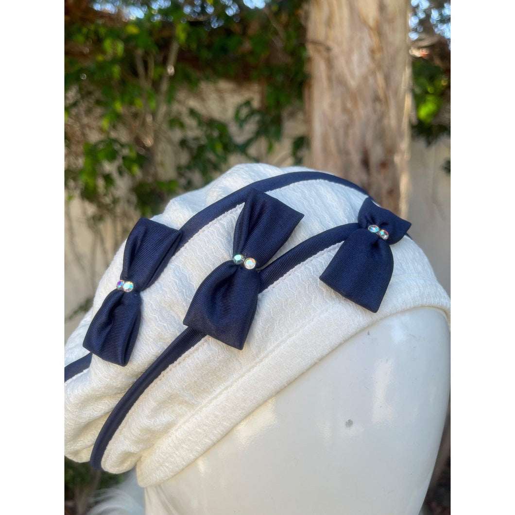 Embellished Hat - Size #2 Off-White/Navy Bows-Hat-The Little Tichel Lady